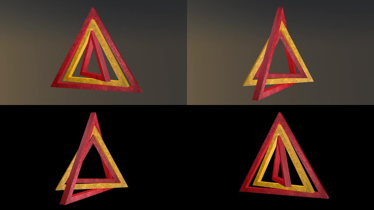 3d三角形在星空的背景下旋转。使用alpha通道对几何形状进行3d渲染运动图形抽象。文本框架。放置您