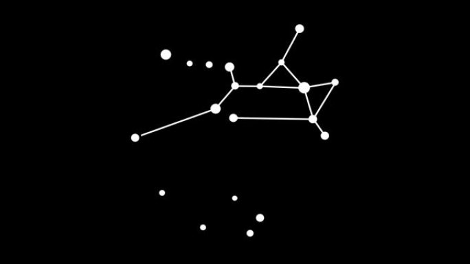 人马座星座。夜空中的星星。黑白线条艺术风格的星座。星系团。横向构图，4k视频质量