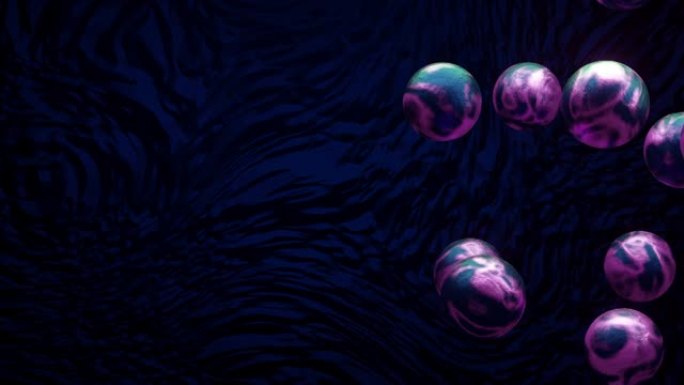 3D虚拟空间中的紫蓝Metaball。4k小分子或细胞或原子在深蓝色背景中移动，为您的消息文本复制空