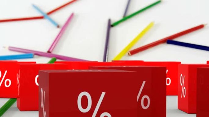 红色立方体上的百分比销售符号动画和白色背景上的彩色铅笔