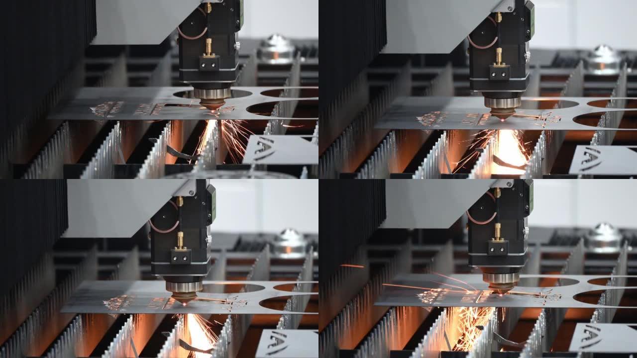 光纤激光切割机用闪闪发光的光雕刻金属板。
