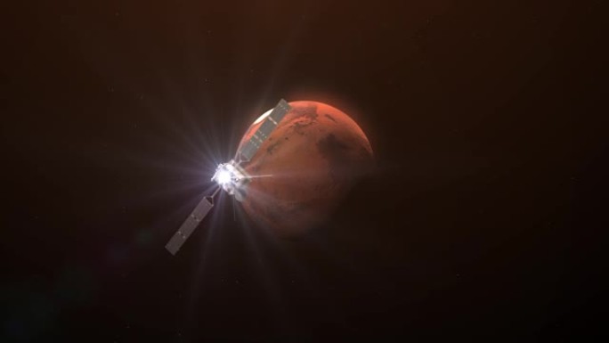 空间站飞往火星。3D插图，3d渲染