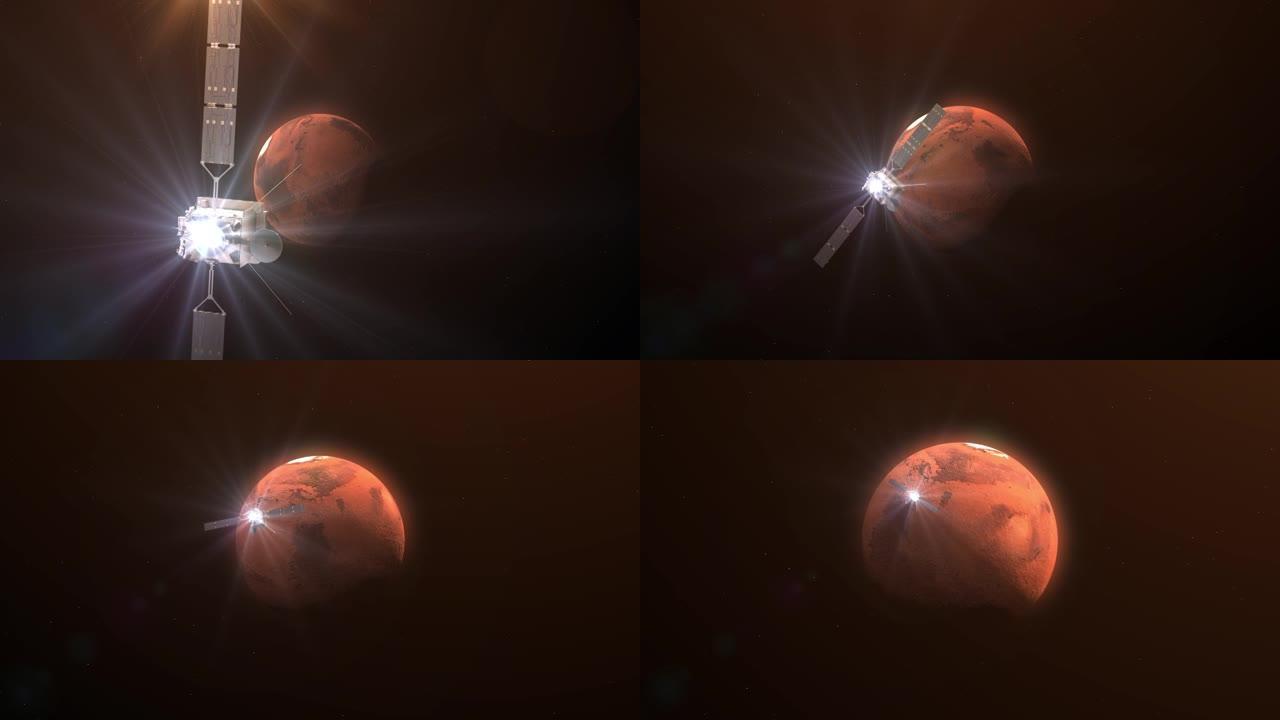 空间站飞往火星。3D插图，3d渲染