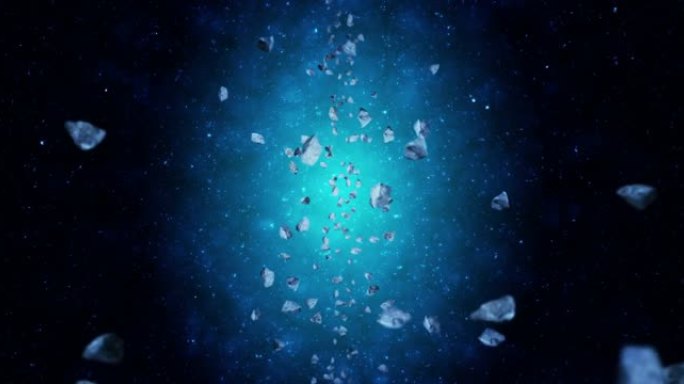 在深空背景中飞行许多小行星。破碎的飞溅爆炸。星空。陨石旋转的3D动画。循环动画。