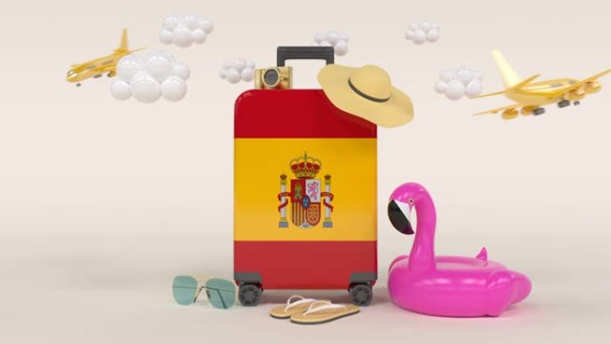 带西班牙国旗手提箱的3D循环假日概念