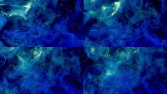 水中的蓝色墨水油漆掉落，发生反应，在黑色上形成抽象的云层和变态。艺术背景。