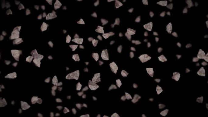 在黑色背景上飞行许多石头。破碎的飞溅爆炸。挑战概念。石头飞溅旋转的3D动画。循环动画。