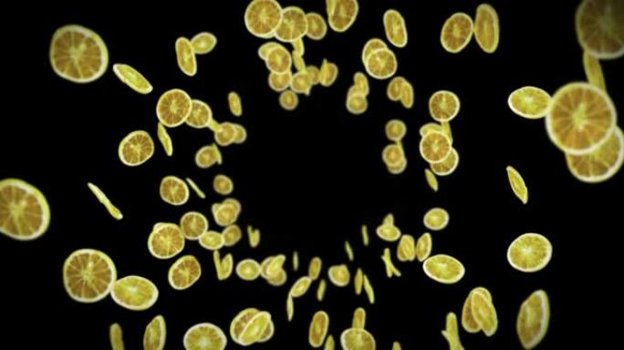 在黑色背景上飞行许多干柠檬。脱水水果，食品概念。切片水果柠檬旋转的3D动画。循环动画。