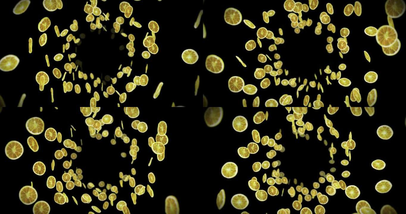 在黑色背景上飞行许多干柠檬。脱水水果，食品概念。切片水果柠檬旋转的3D动画。循环动画。