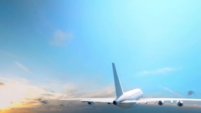 飞行中无品牌商用飞机的背面和侧面的鸟瞰图
