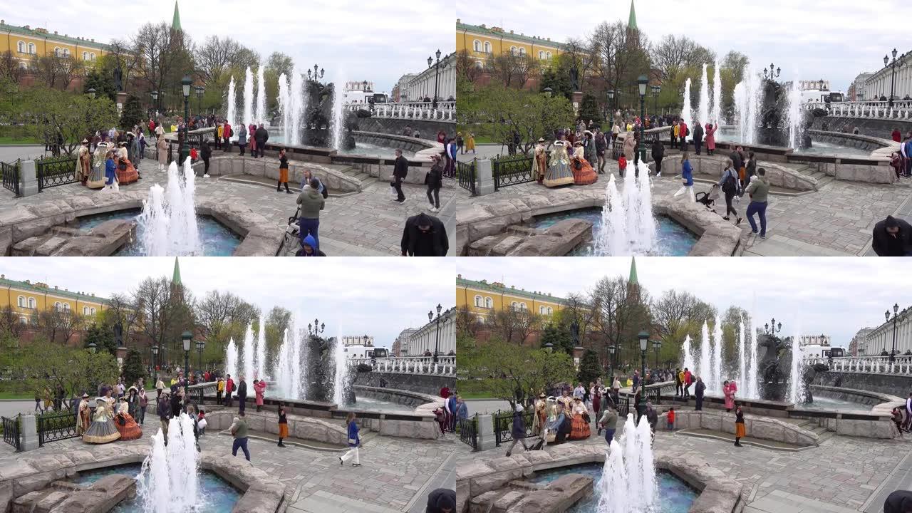 莫斯科Manezhnaya广场，喷泉 “四季”。俄罗斯