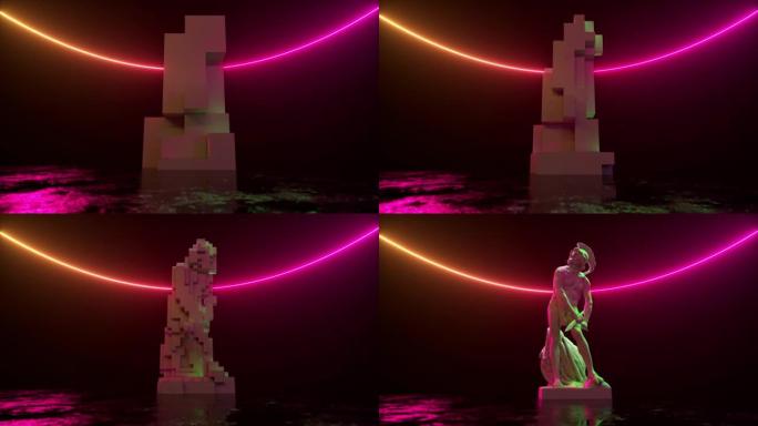用霓虹灯照亮并从3d像素中出现的Philopoemen雕塑。博物馆艺术品。复古的未来设计。3d动画