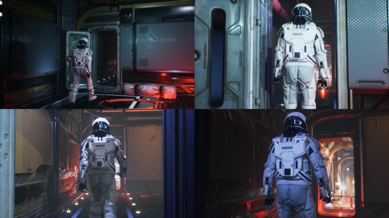 一名星际飞船宇航员离开指挥室，沿着走廊走下。该动画适用于梦幻般的，未来派或太空旅行背景。太空船上的宇