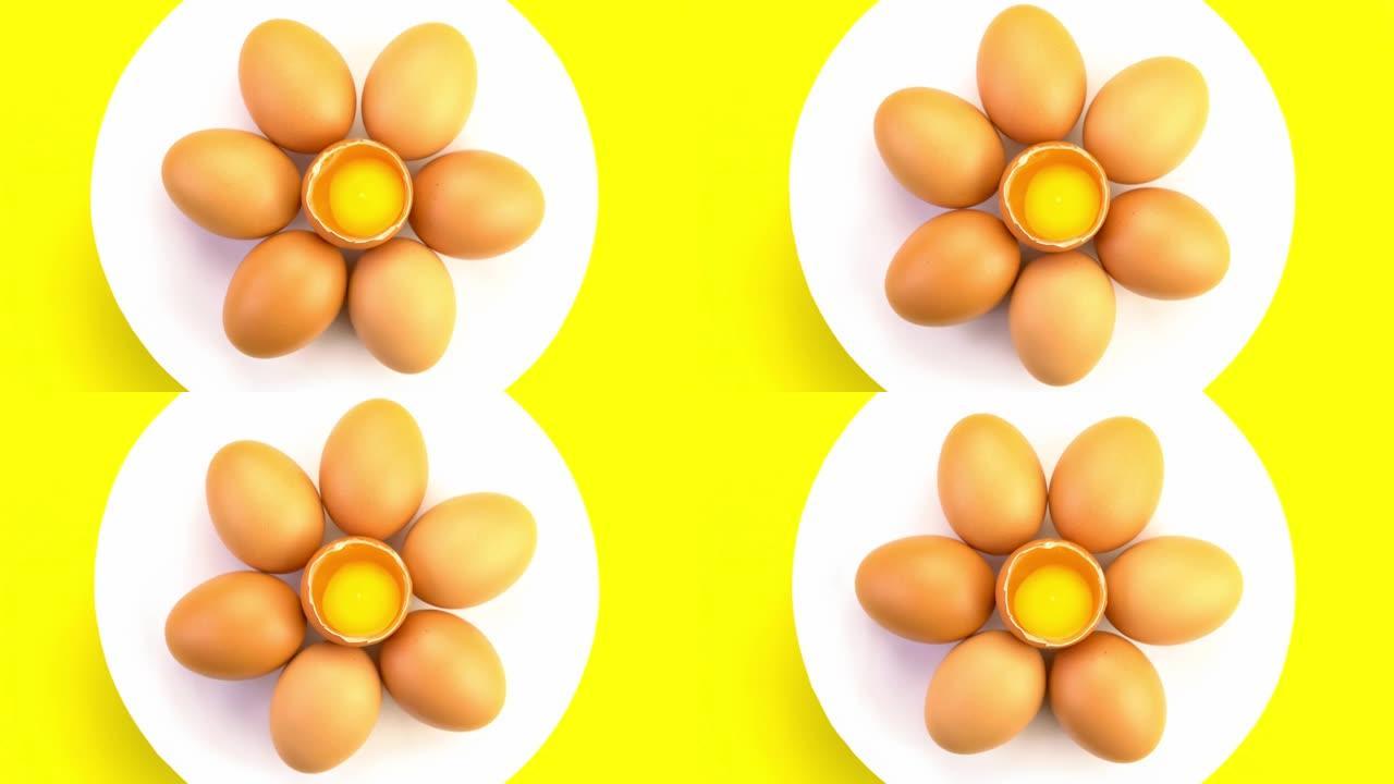 新鲜的鸡蛋整个，白色转弯时破碎。