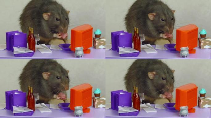 老鼠在玩偶办公室吃午饭