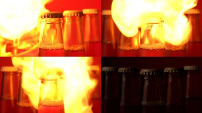 火焰爆发并包围了五个玻璃瓶液体。对饮料开火。黑暗中闪烁