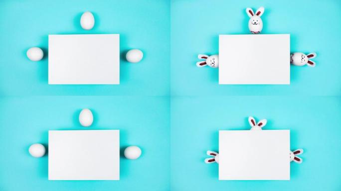 4k出现了三个白蛋和三个复活节兔子，躲在一张白纸后面。复活节快乐的概念。