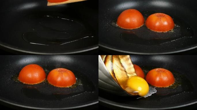 在家用厨房的早餐中，在煎锅中准备番茄煎蛋。