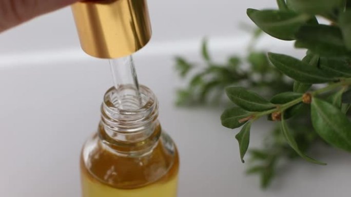 用绿色植物将金色的油从玻璃移液管滴入瓶子中，白色背景。