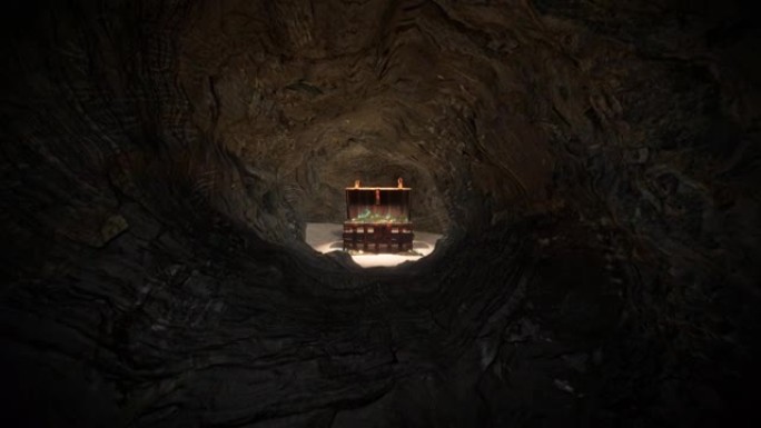 隐藏在洞穴深处的宝箱，里面装满了金币，金杯，高脚杯，祖母绿和宝石