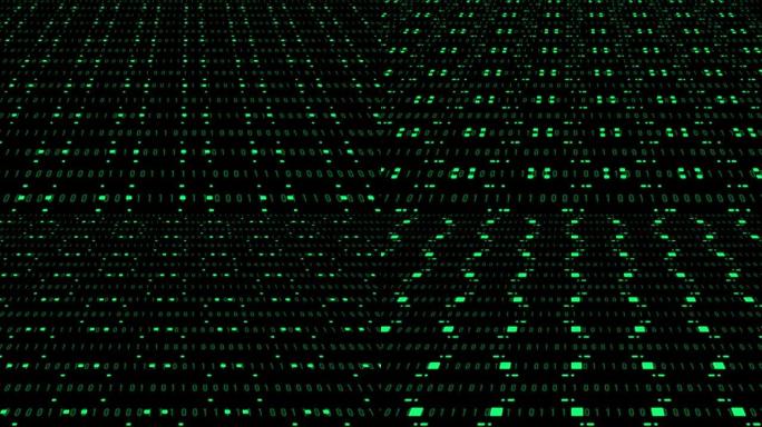 抽象技术背景动画-黑色背景上排列成正方形网格的随机变化二进制代码的绿色块