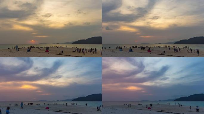 游客在海滩上等待大海和日落，延时视频