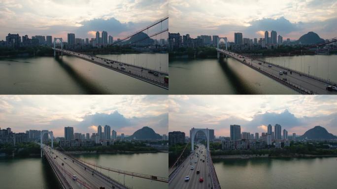 广西柳州红光大桥夕阳柳江风光城市建筑航拍
