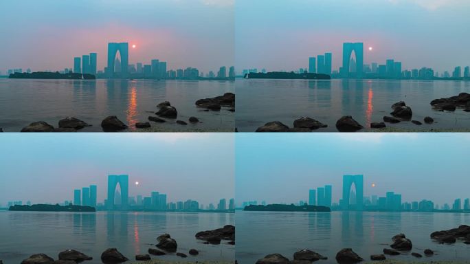 苏州中心东方之门金鸡湖日落延时