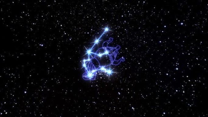 黄道星座宝瓶座是由发光线连接的亮星星座。宇宙夜空中黄道十二宫星座的动画。星座和星座符号。