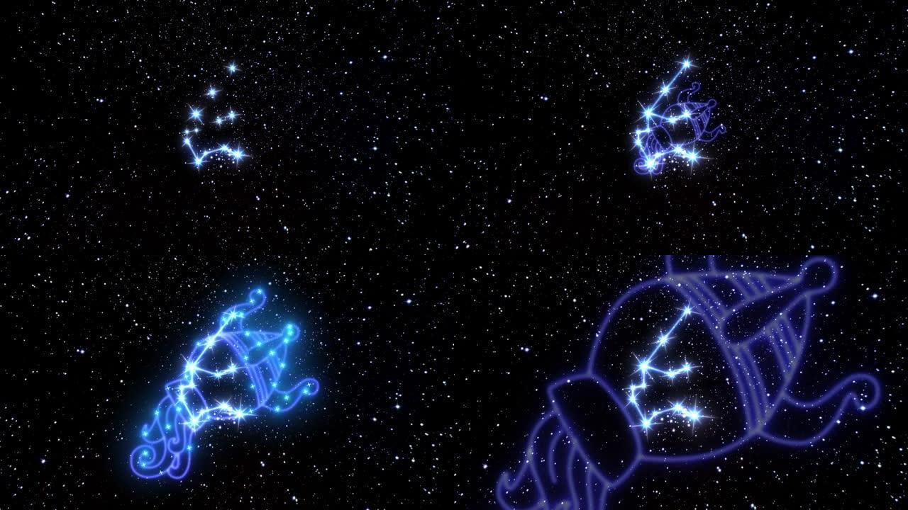 黄道星座宝瓶座是由发光线连接的亮星星座。宇宙夜空中黄道十二宫星座的动画。星座和星座符号。