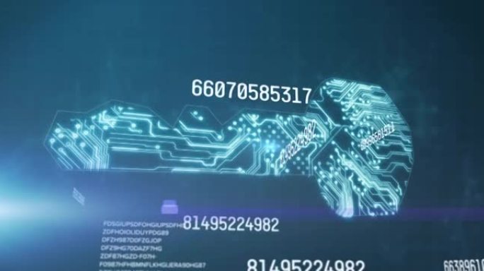 蓝色背景上发光的计算机电路板上的数字处理动画