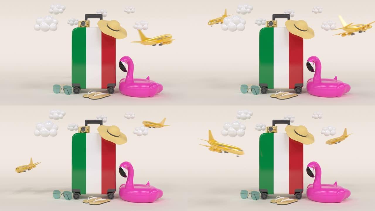 3D循环假日概念，带意大利国旗手提箱