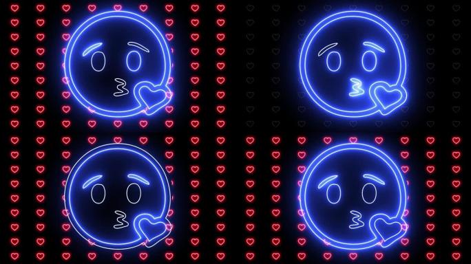 不同的霓虹灯表情符号，带有发光的笑脸概念。微笑，心眼，送心吻和哭泣的脸。