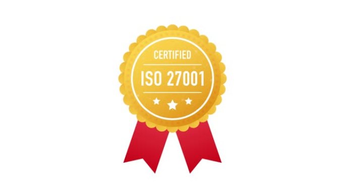 ISO 27001认证的白色背景金色标签。运动图形。