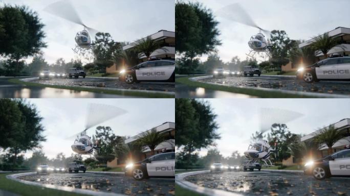 一架载有记者或警察的直升机抵达犯罪现场。警车停在湿沥青上的场景。动画为犯罪、新闻或警察背景。