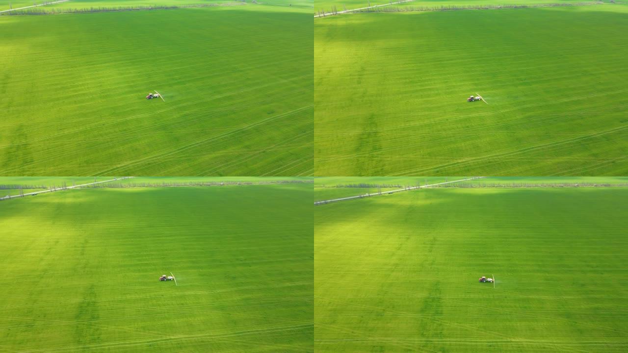 农民用农作物喷洒麦田的空中无人机射击