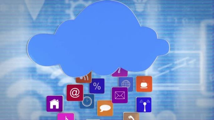 蓝色背景上的在线图标和数字蓝云的动画