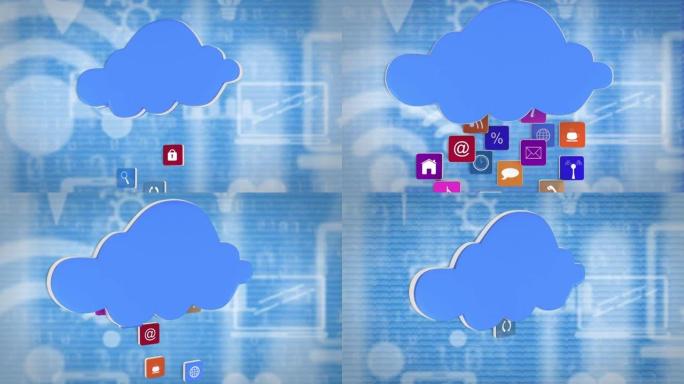 蓝色背景上的在线图标和数字蓝云的动画