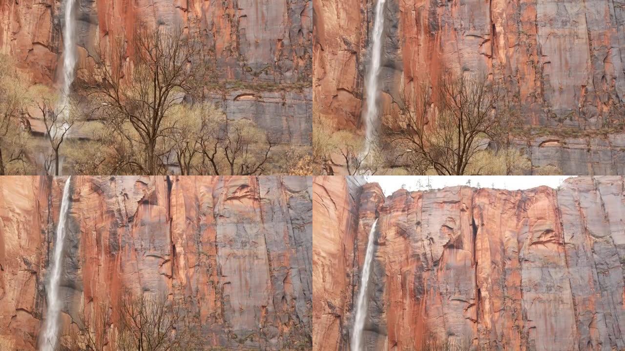 锡安国家公园的岩石和瀑布，美国犹他州的秋天。在红色峡谷的雨天，兵马俑陡峭的裸露悬崖。有雾的天气和平静