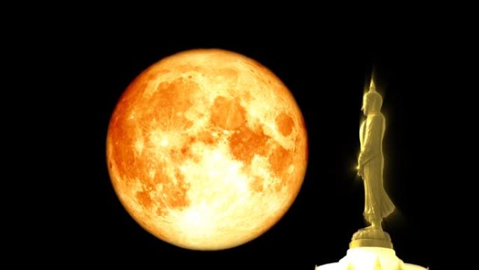 超级满血的月亮和佛陀在夜空，Visakha Bucha日或Vesak日的七日风格在五月或6月举行满月