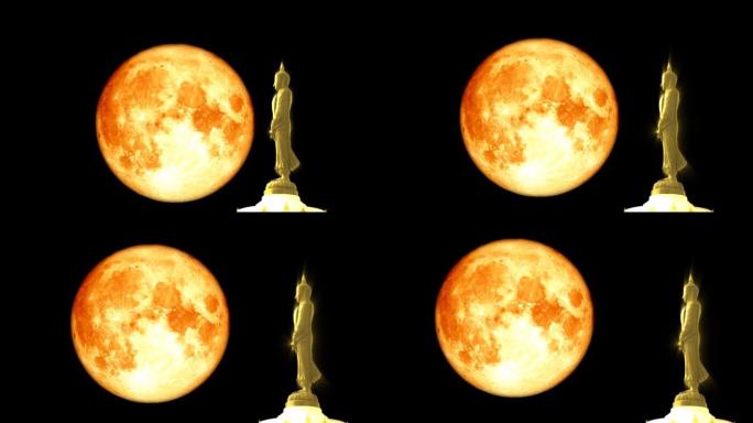 超级满血的月亮和佛陀在夜空，Visakha Bucha日或Vesak日的七日风格在五月或6月举行满月