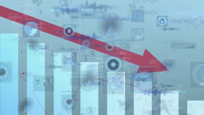 红色箭头向下指向的动画，屏幕上的示波器扫描和数据处理