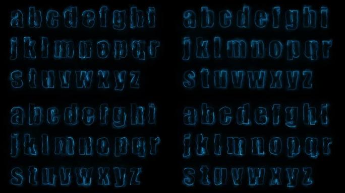 黑色背景上英文字母小写字母轮廓的动态发光效果
