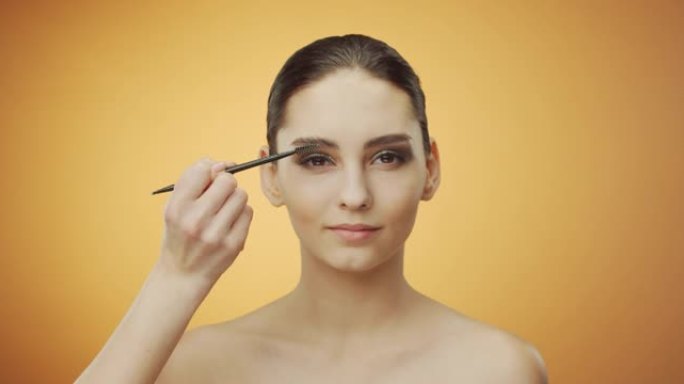 化妆申请的步骤。化妆师用刷子梳理女孩的眉毛和睫毛的特写镜头。