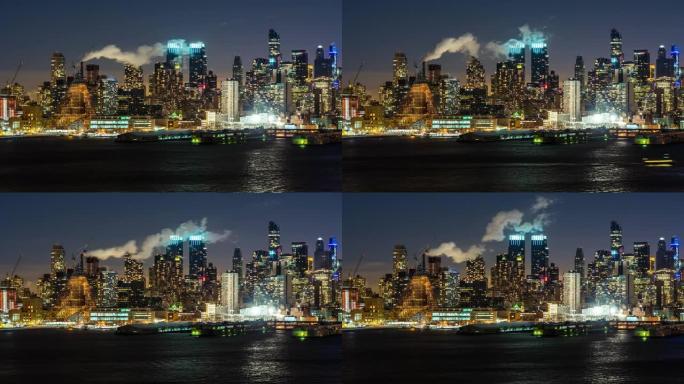夜间纽约市天际线的延时视图显示哈德逊河