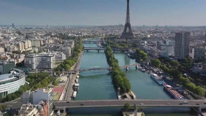 晴天巴黎市著名的中央河交通桥梁塔区空中全景4k法国