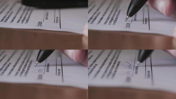 用手中的笔在合同上签字。编写商业协议或协议的签署协议。特写。移动摄像机