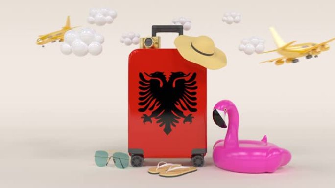 3D假日概念，配有阿尔巴尼亚国旗手提箱