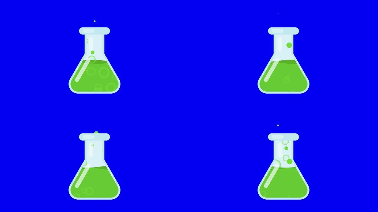 实验室烧杯充满绿色化学液体的动画。