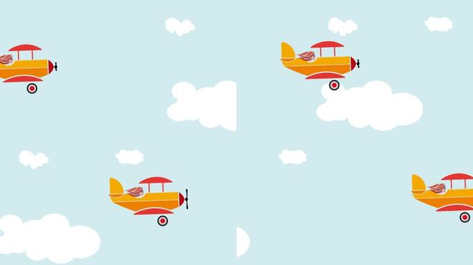 女飞行员在云层之间的天空中飞上旧飞机。动画插图，平面卡通